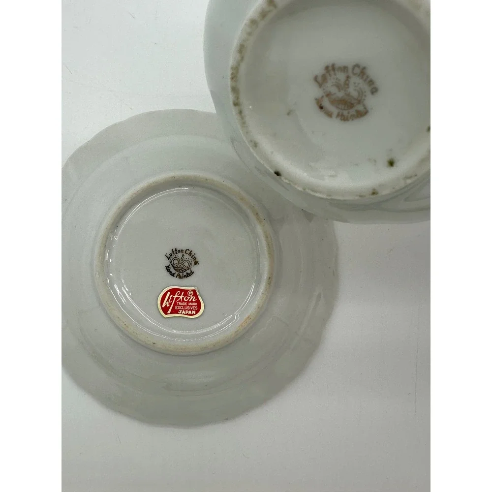 Lefton Pitcher‎ and Saucer Set Vintage Hearts Bow Hand Painted White Red Small